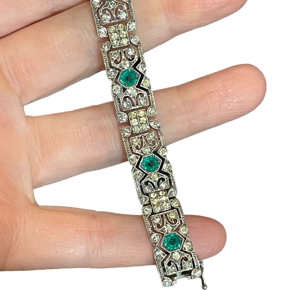 Antique  Sterling silver art deco Green paste stones rhinstone link bracelet